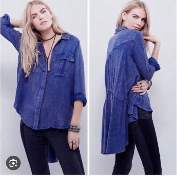 Free People One of the Guys Blue Waffle Knit Button Oversized Long Sleeve XS - Picture 1 of 7